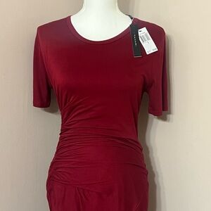 🆕 Tahari Short-Sleeve Ruched Midi Dress in Deep Red/maroon. Stretchy